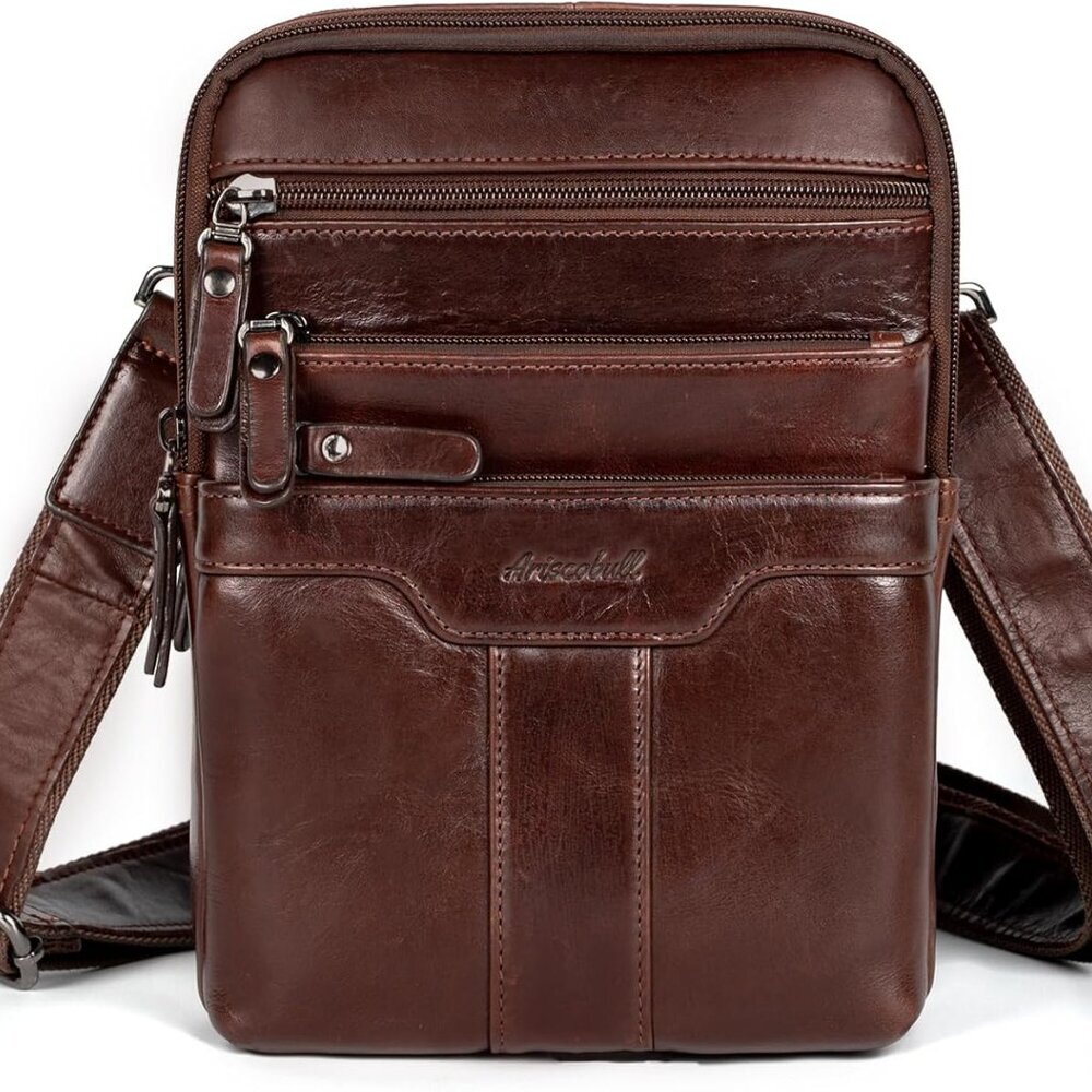 Leather Messenger Bag for Men, Small Leather Sling Shoulder Bag Messenger Pack f